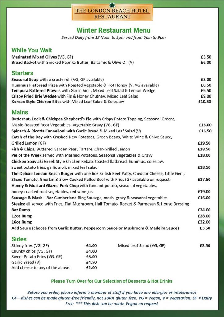 Winter Restaurant Menu 2026 page 1