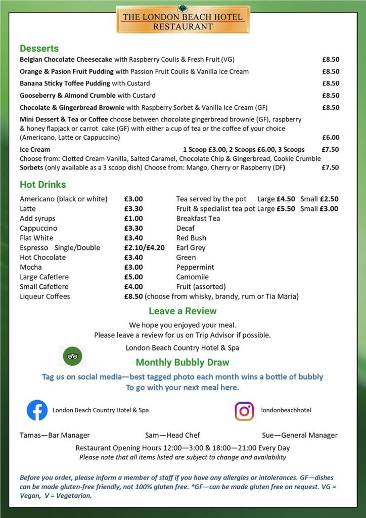 Winter Restaurant Menu 2026