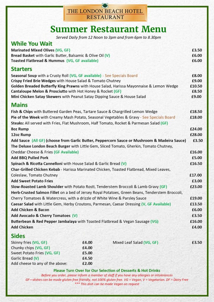 London Beach Summer Menu